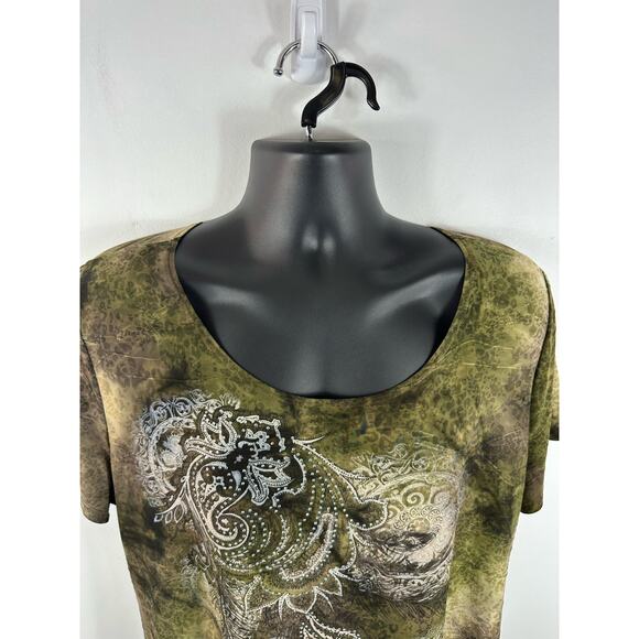Y2K Plus Size Tee Jeweled Graphic Tie Dye Brown Green Short Sleeve XL Dressbarn - Picture 12 of 13